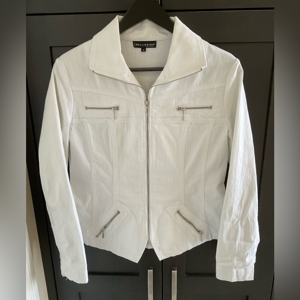 ✨💕 Bellissima Women’s White Jean Zipper Jacket w Zipper Pockets Sz 6, Like New!